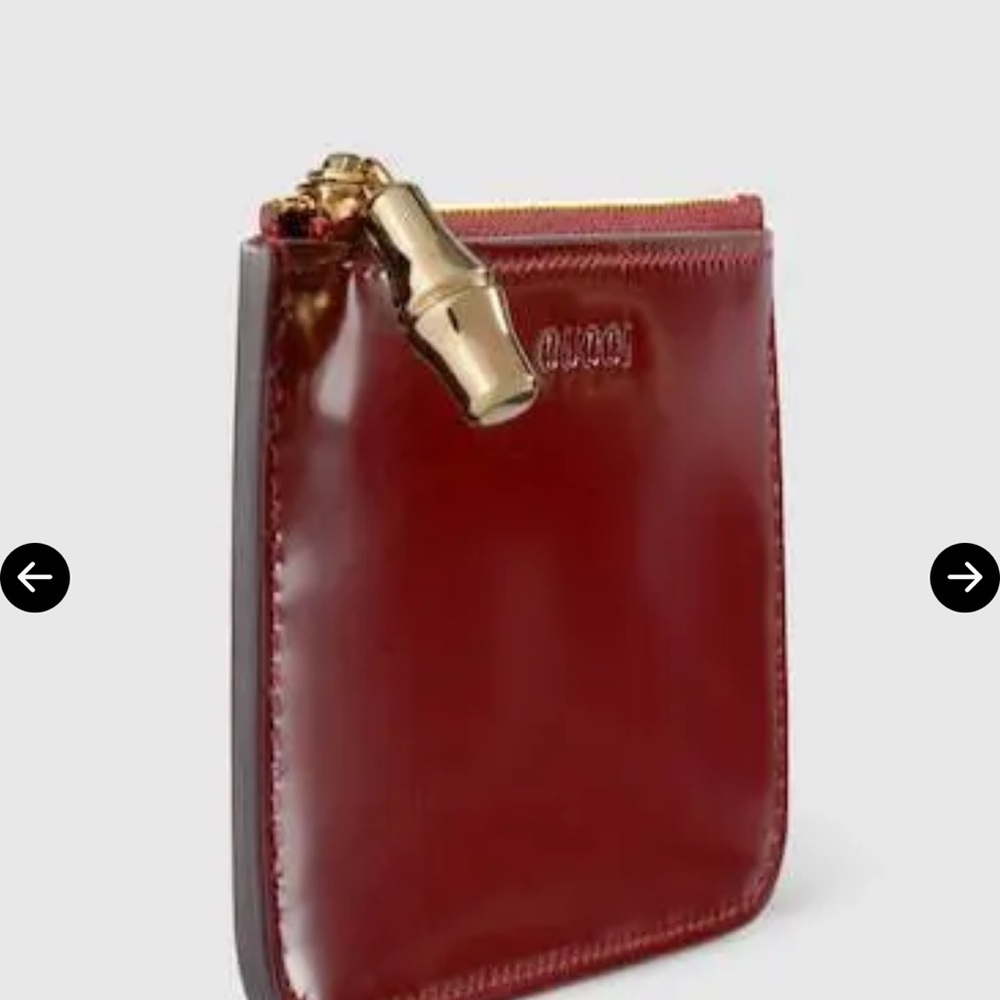 Gucci Deep Red Coin pouch ,, polished Leather with Gold Zip Bamboo charm NWT - Picture 5 of 9